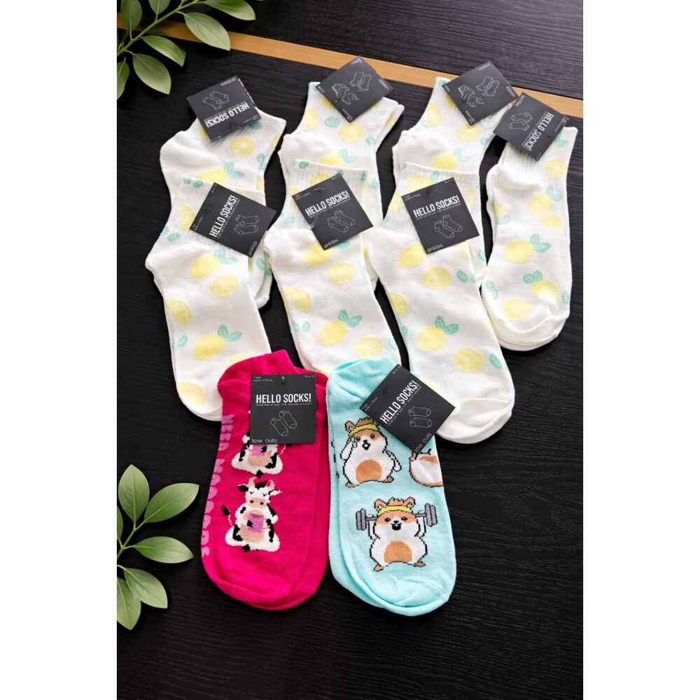 Hello Socks Bundle 8 Pair NWT Ankle & Low Cut Lemon/Cow/Hamster Print Sz 4-10